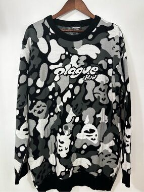 Plague Blvd XXL Black Gray Graphic Knit Sweater Y2K Streetwear Oversized
